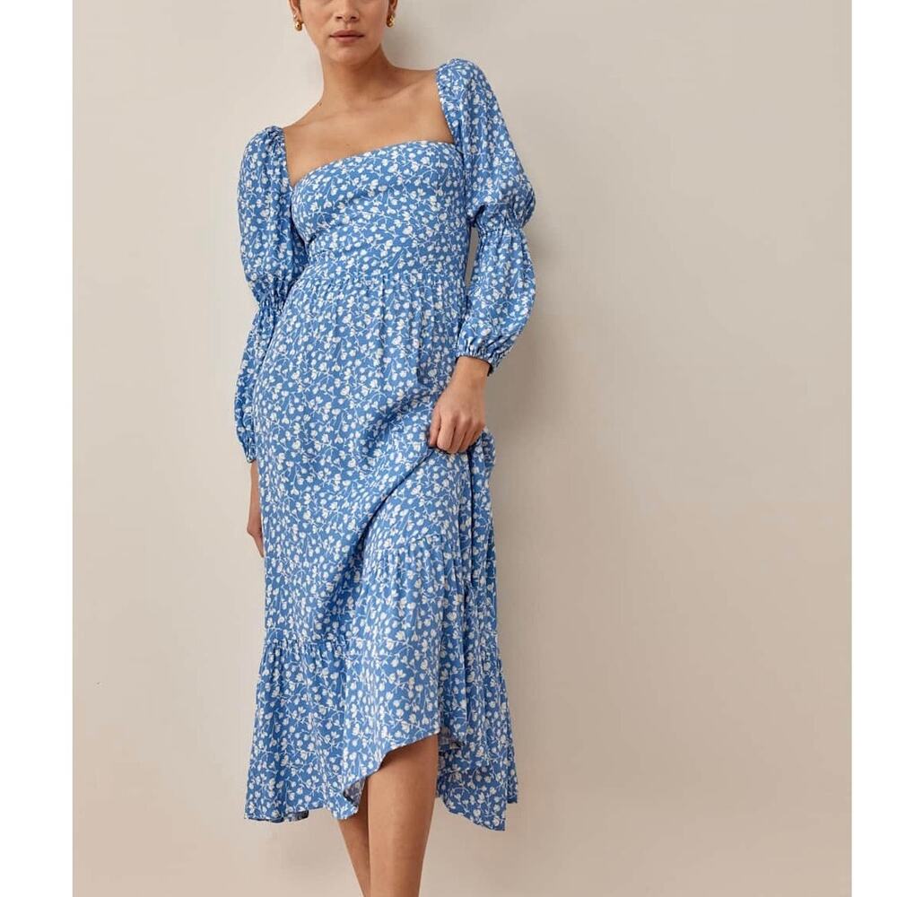 Reformation Mica 2 Blue Floral Midi Dress NWT Puff Sleeve Ruffle